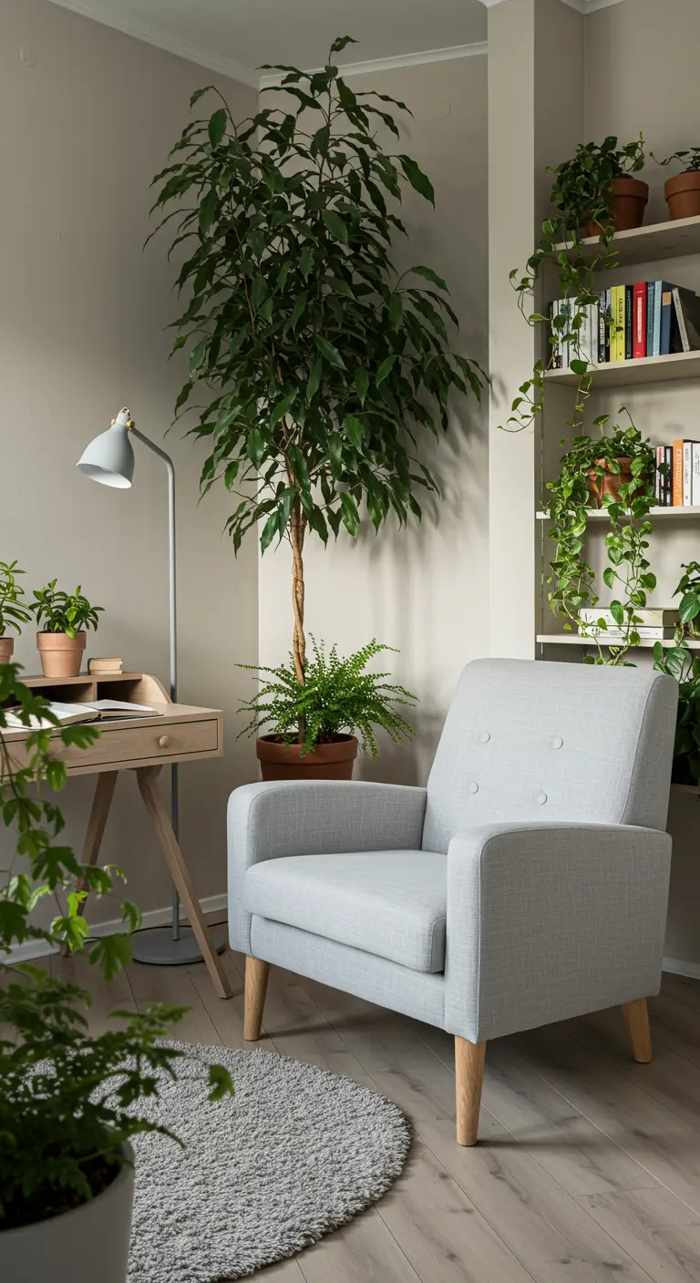 Coin bureau avec un fauteuil gris confortable à côté, entouré de nombreuses plantes vertes.