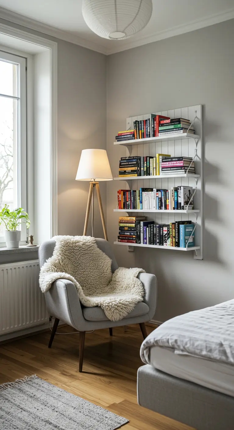 Coin lecture avec fauteuil gris, peau de mouton, lampadaire et bibliothèque murale.