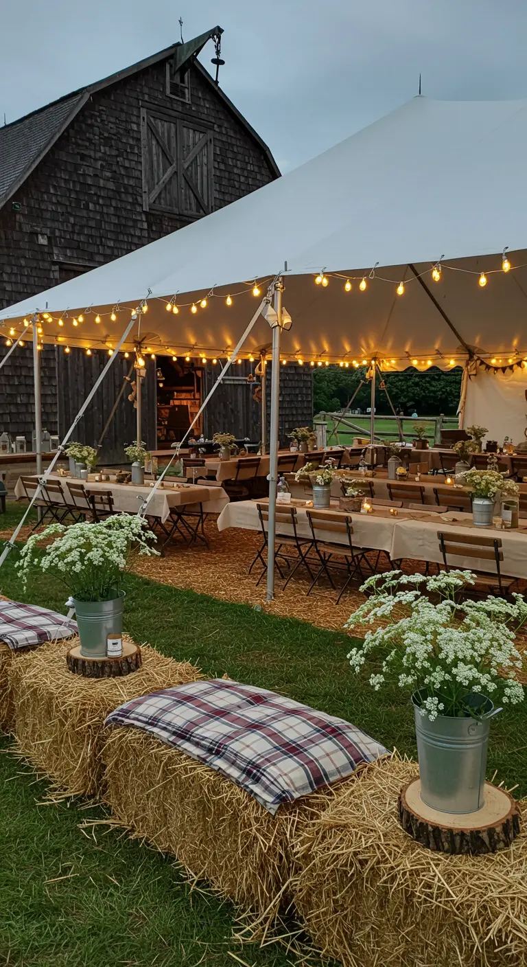 Assises en bottes de paille avec coussins à carreaux devant une grange.