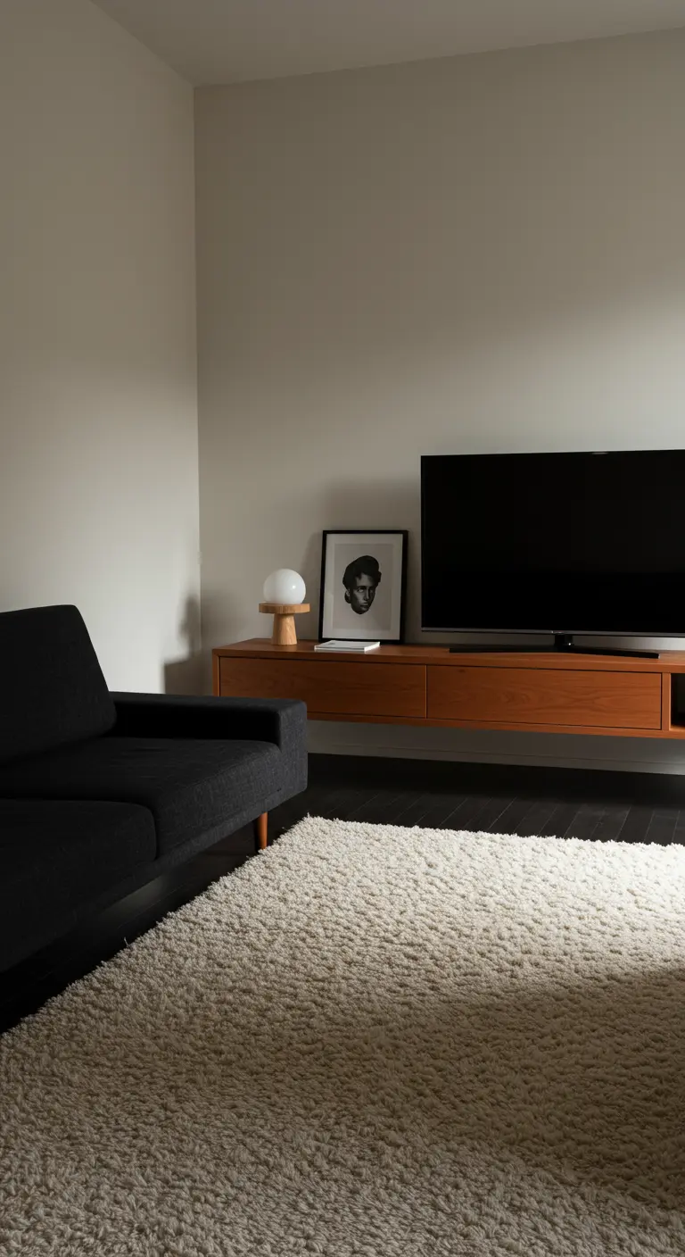 Coin salon avec canapé noir, tapis épais blanc et meuble TV suspendu en bois.