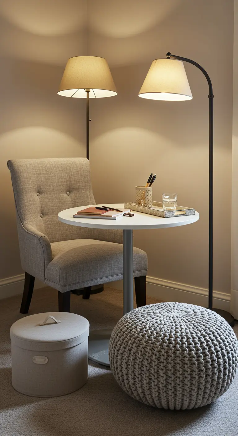 Coin de travail confortable avec un fauteuil, une petite table et un éclairage doux.