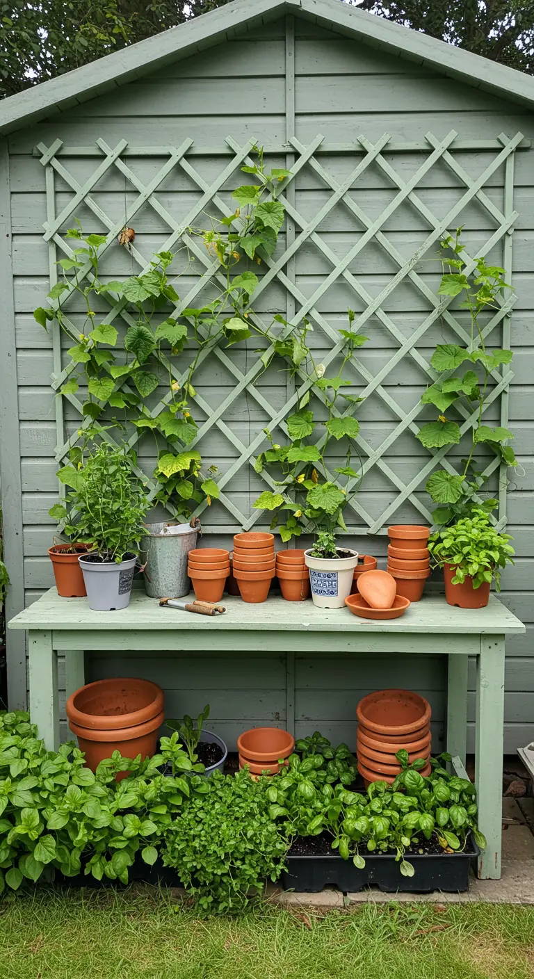 Cabanon de jardin vert clair avec treillis et concombres grimpants, une table de rempotage avec pots en terre cuite.