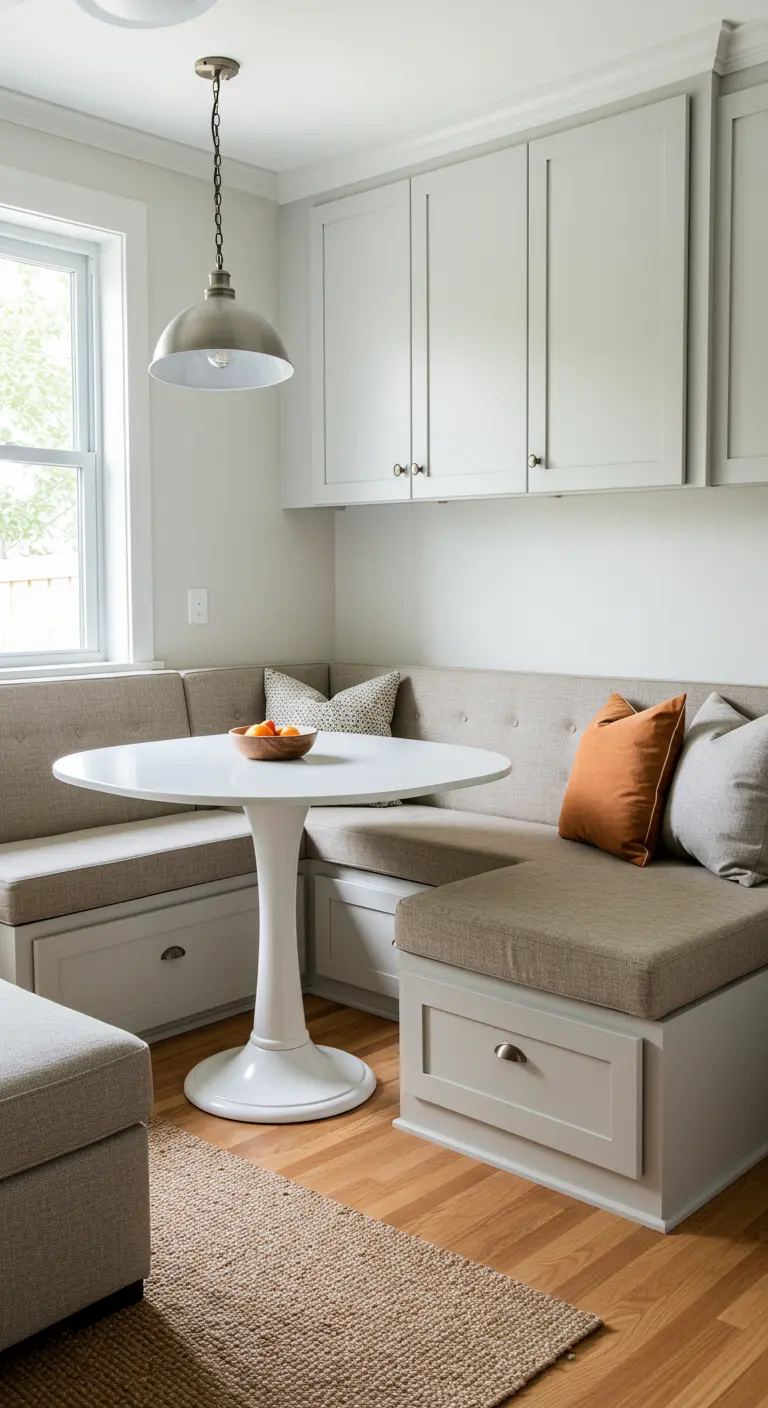 Coin repas avec banquette d'angle intégrée, rangements, et table ronde.