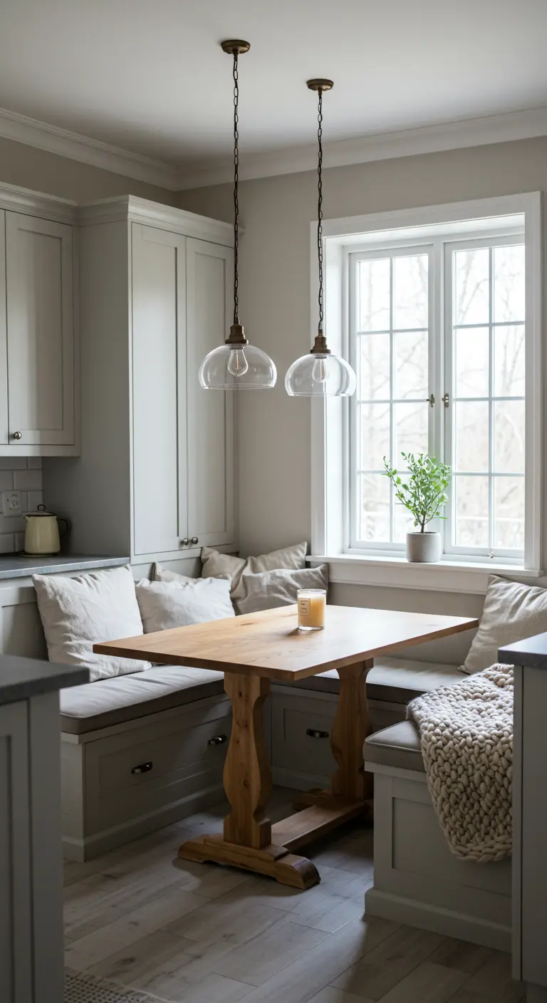 Coin repas cuisine avec banquettes intégrées, table en bois et suspensions