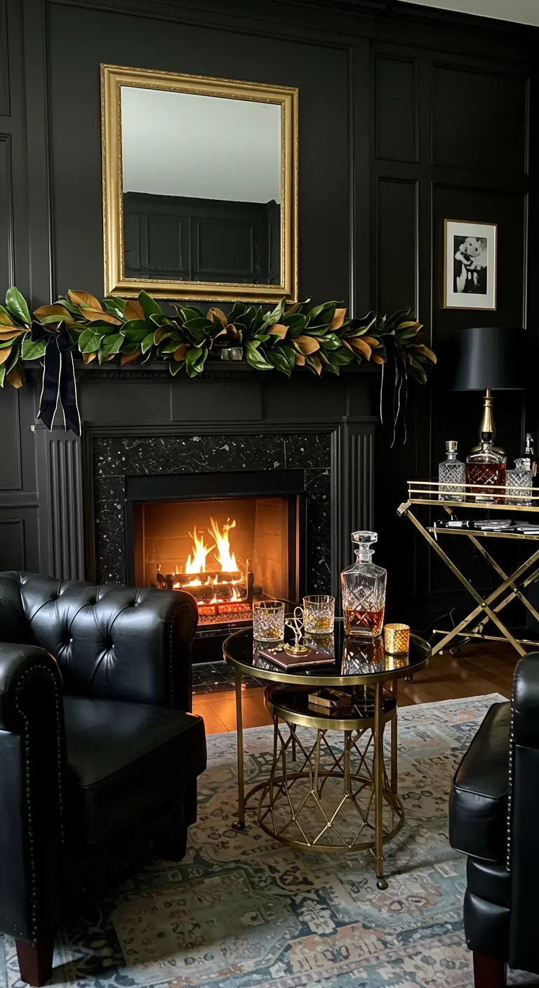 Coin salon cosy avec cheminée, fauteuils en cuir noir et bar doré.