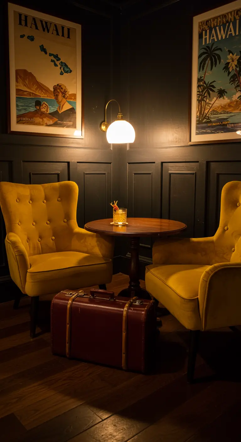 Coin lounge sombre avec deux fauteuils jaunes, affiches de voyage et valise.