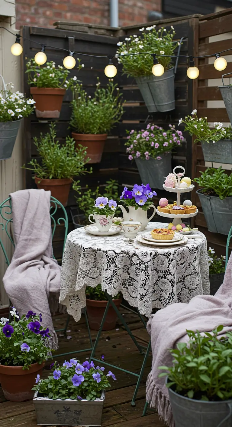 Petit coin thé de Pâques sur balcon avec table en dentelle, tasses fleuries, gâteaux et murs végétalisés.