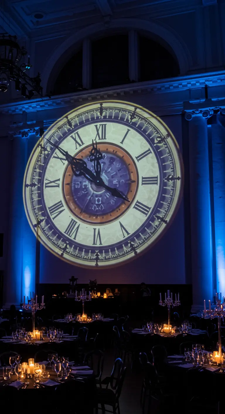 Projection géante d'une horloge ancienne sur un mur dans une salle de réception sombre.