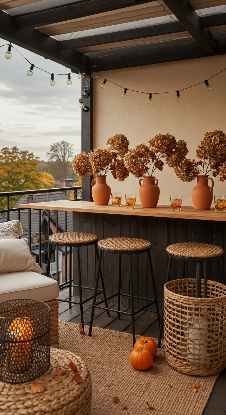 Bar de balcon avec tabourets hauts et une rangée de petits vases en terre cuite.