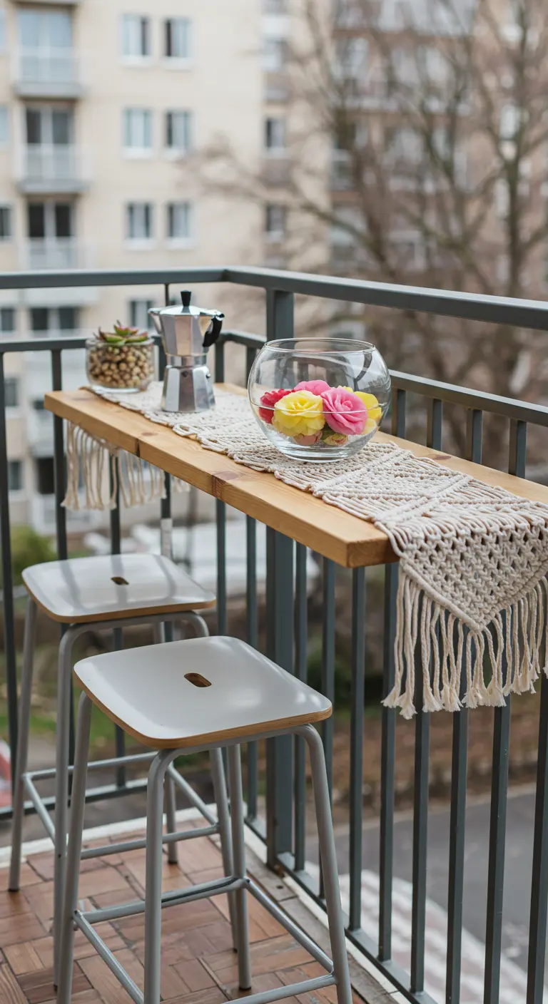 Bar de balcon en bois avec tabourets hauts et chemin de table en macramé.