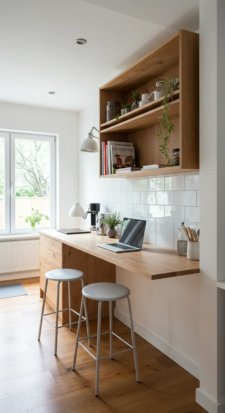 Bureau intégré en bois dans une cuisine avec carrelage métro.