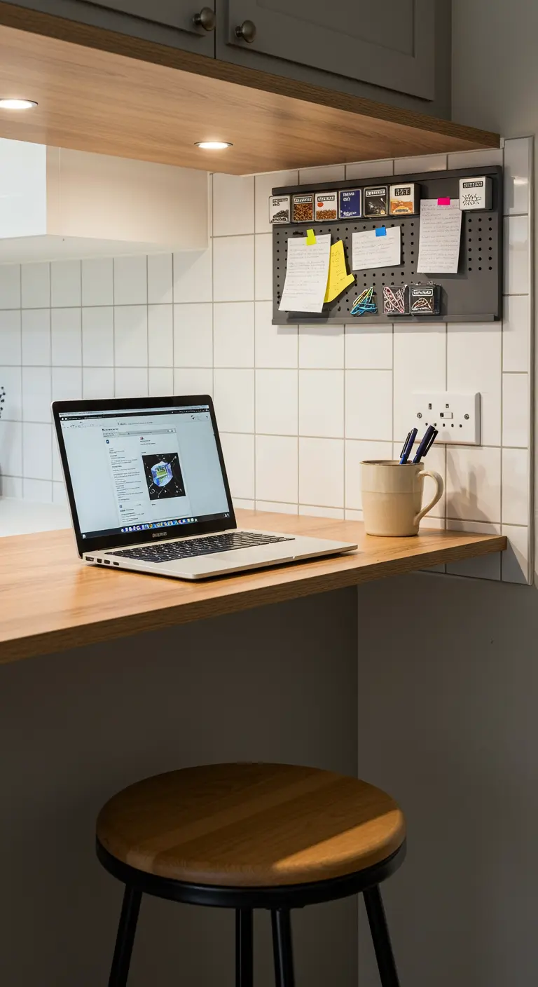 Petit coin bureau aménagé dans une cuisine avec un plan de travail en bois.
