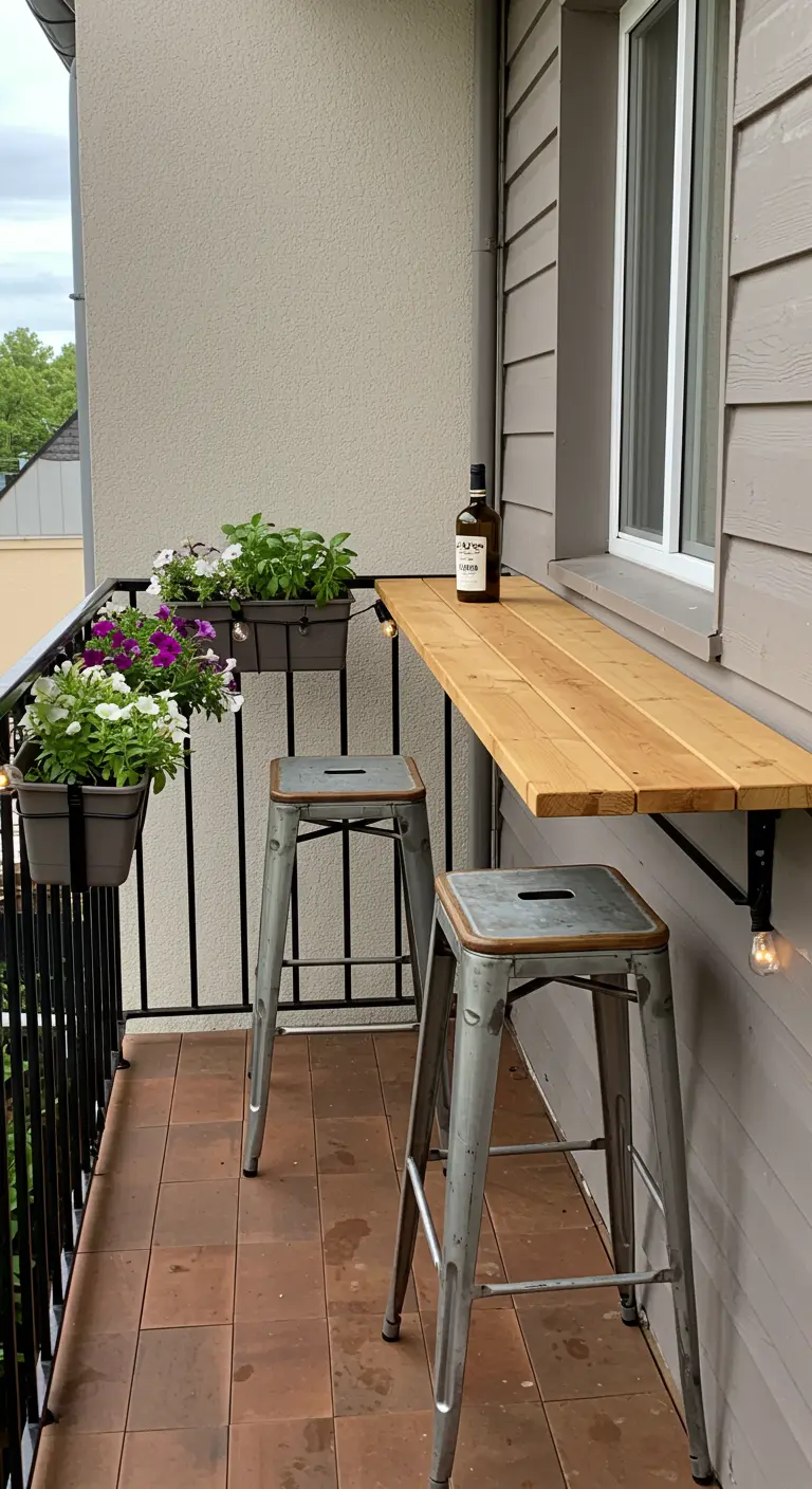 Balcon étroit avec une tablette en bois servant de bar et deux tabourets hauts.