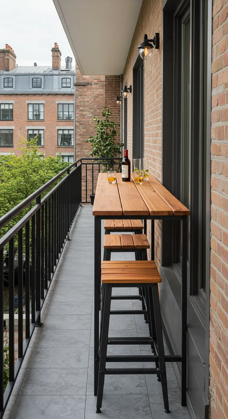 Table de bar haute et étroite en bois sur un balcon d'appartement en ville.