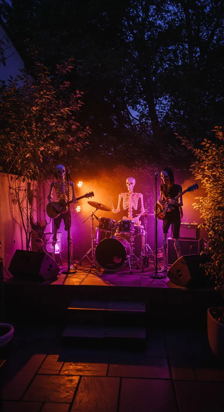 Groupe de rock composé de squelettes jouant sur une scène éclairée en rose et orange.
