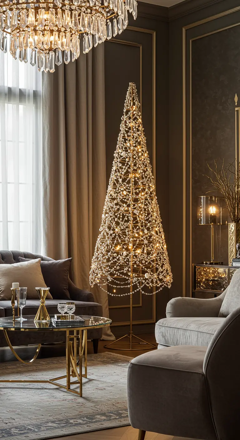 Sapin conique lumineux fait de perles et de cristaux dans un salon élégant.