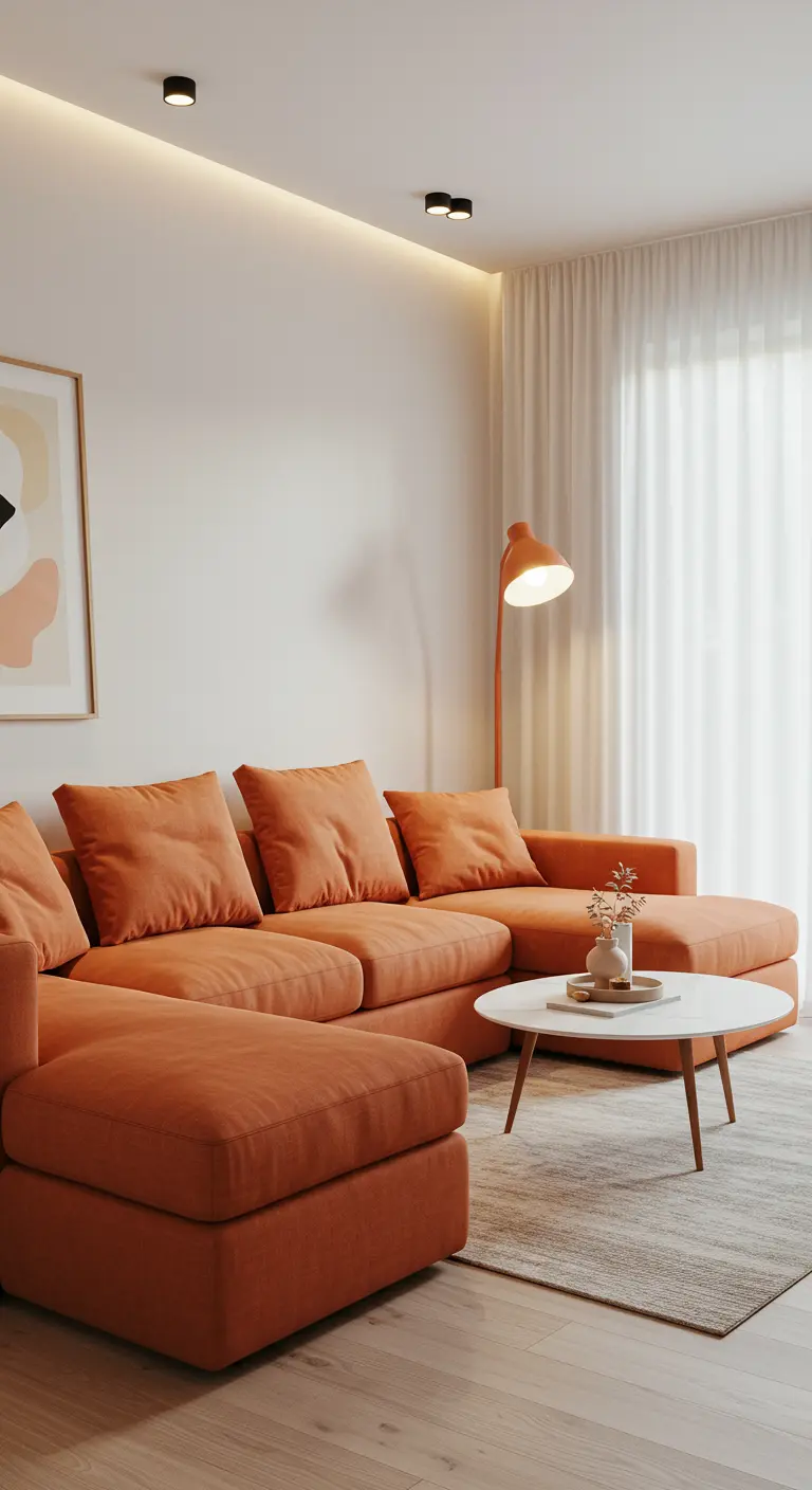 Grand canapé d'angle terracotta dans un salon lumineux aux murs blancs.