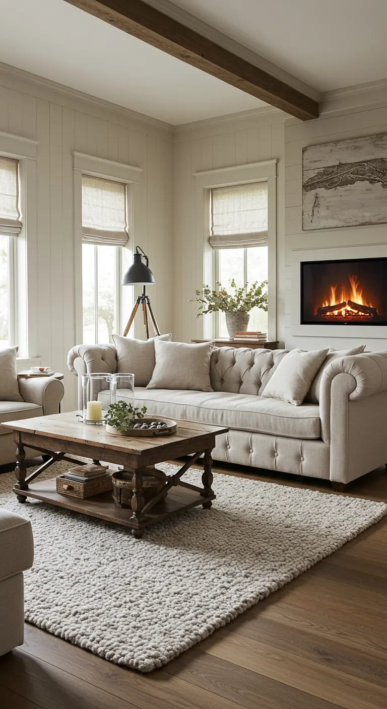Salon farmhouse moderne avec canapé Chesterfield et tapis à grosses mailles.