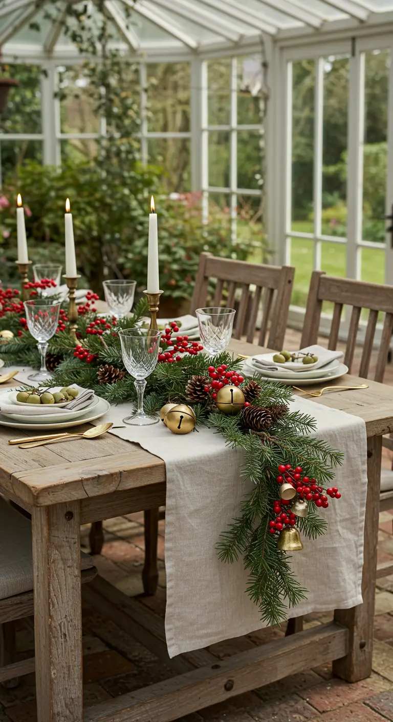 Table en bois rustique avec chemin de table en sapin, baies rouges, pommes de pin, clochettes dorées.