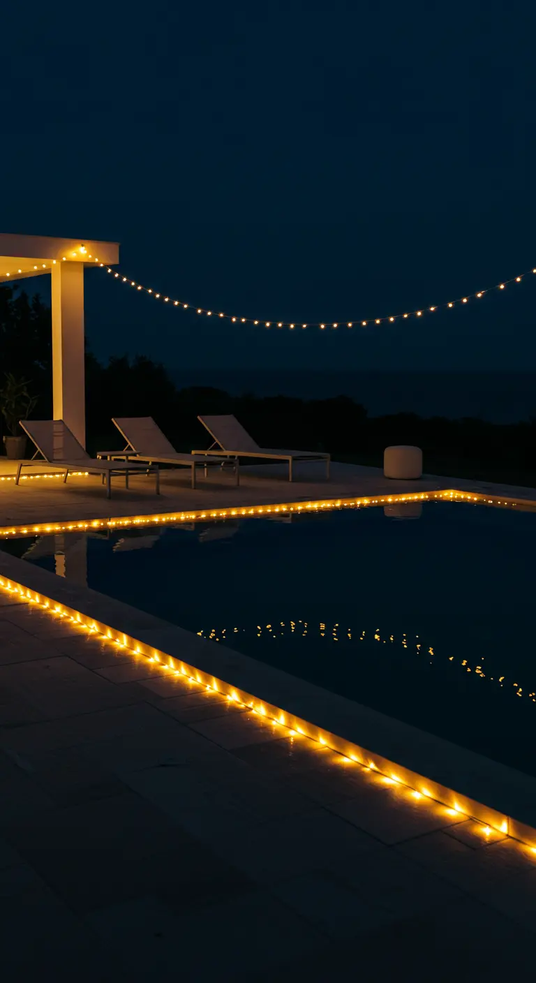 Piscine bordée d'une ligne de lumières LED chaudes la nuit.