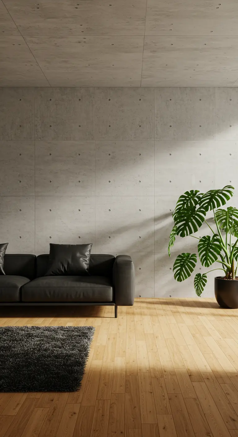 Salon minimaliste avec un mur en béton brut, un canapé en cuir noir et une grande plante Monstera.