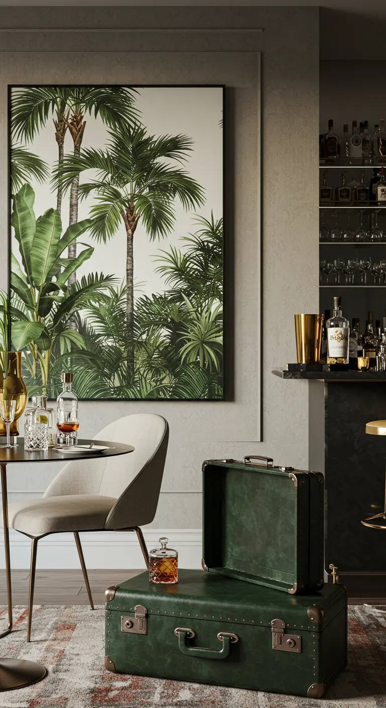 Coin repas moderne avec un grand tableau de palmiers et deux valises vertes au sol.