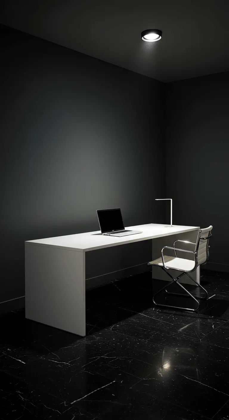 Bureau bloc blanc sur un sol en marbre noir, créant un contraste saisissant.