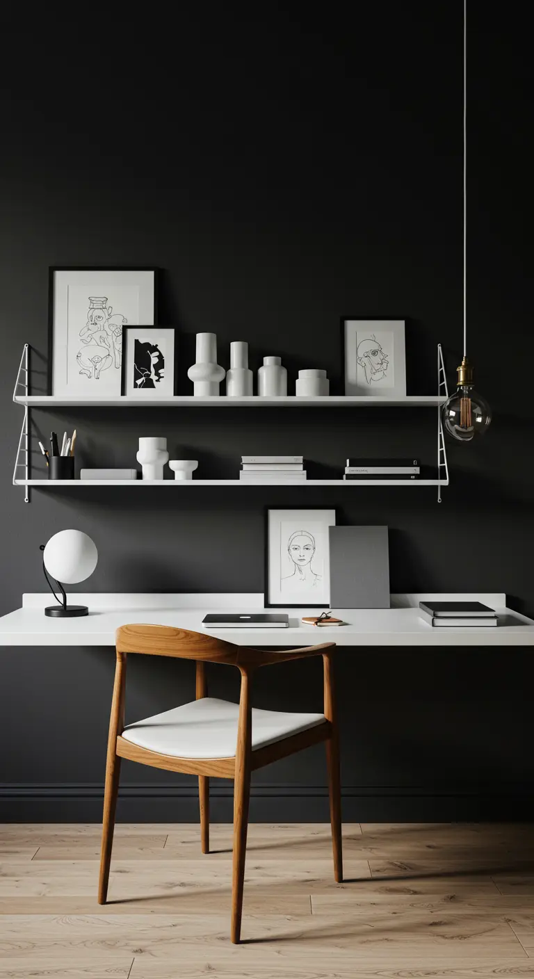 Bureau blanc sur un mur noir intense, avec des étagères blanches et une chaise en bois.