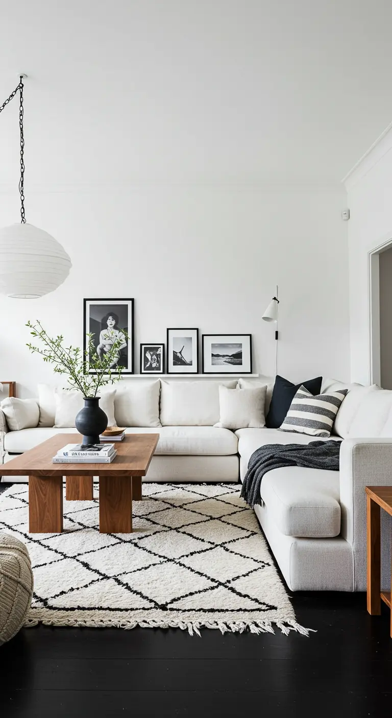Salon noir et blanc avec un grand tapis berbère et une étagère à tableaux.