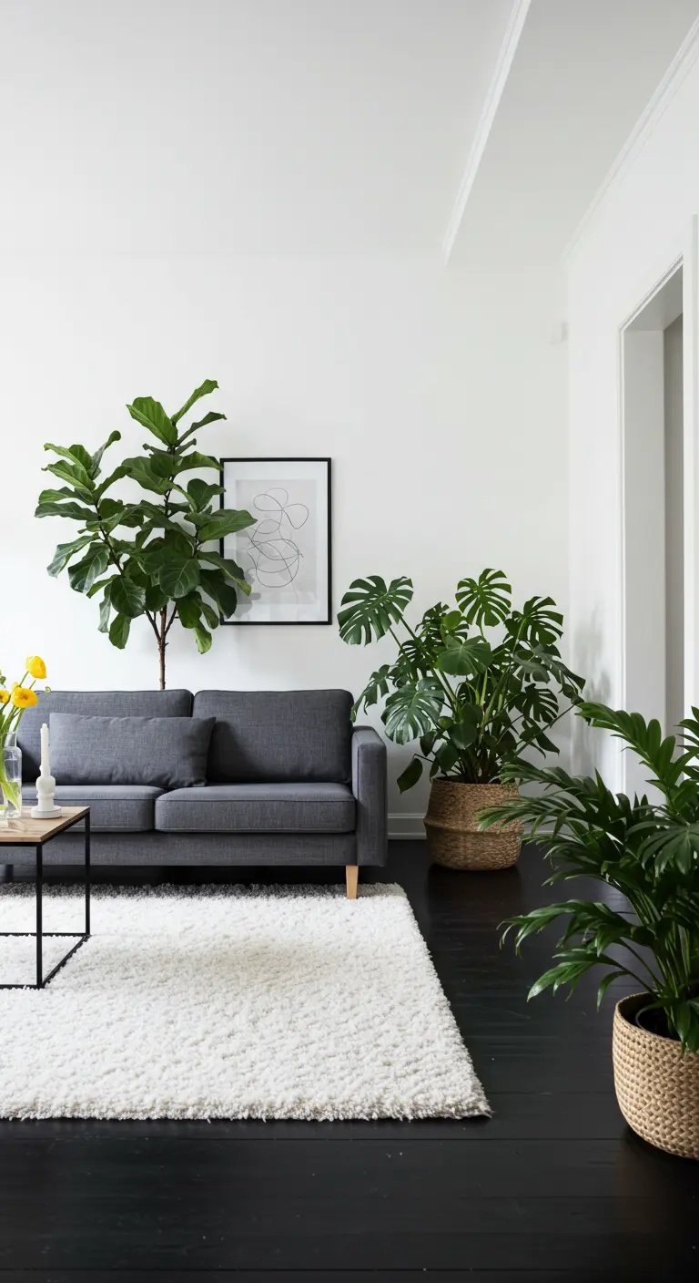 Salon avec parquet noir, murs blancs, canapé gris et grandes plantes vertes.