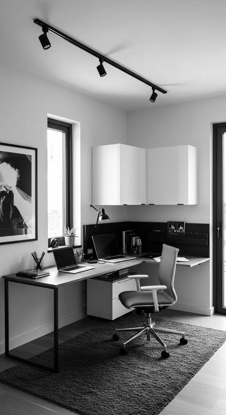 Bureau d'angle bicolore noir et blanc, minimaliste avec éclairage sur rail