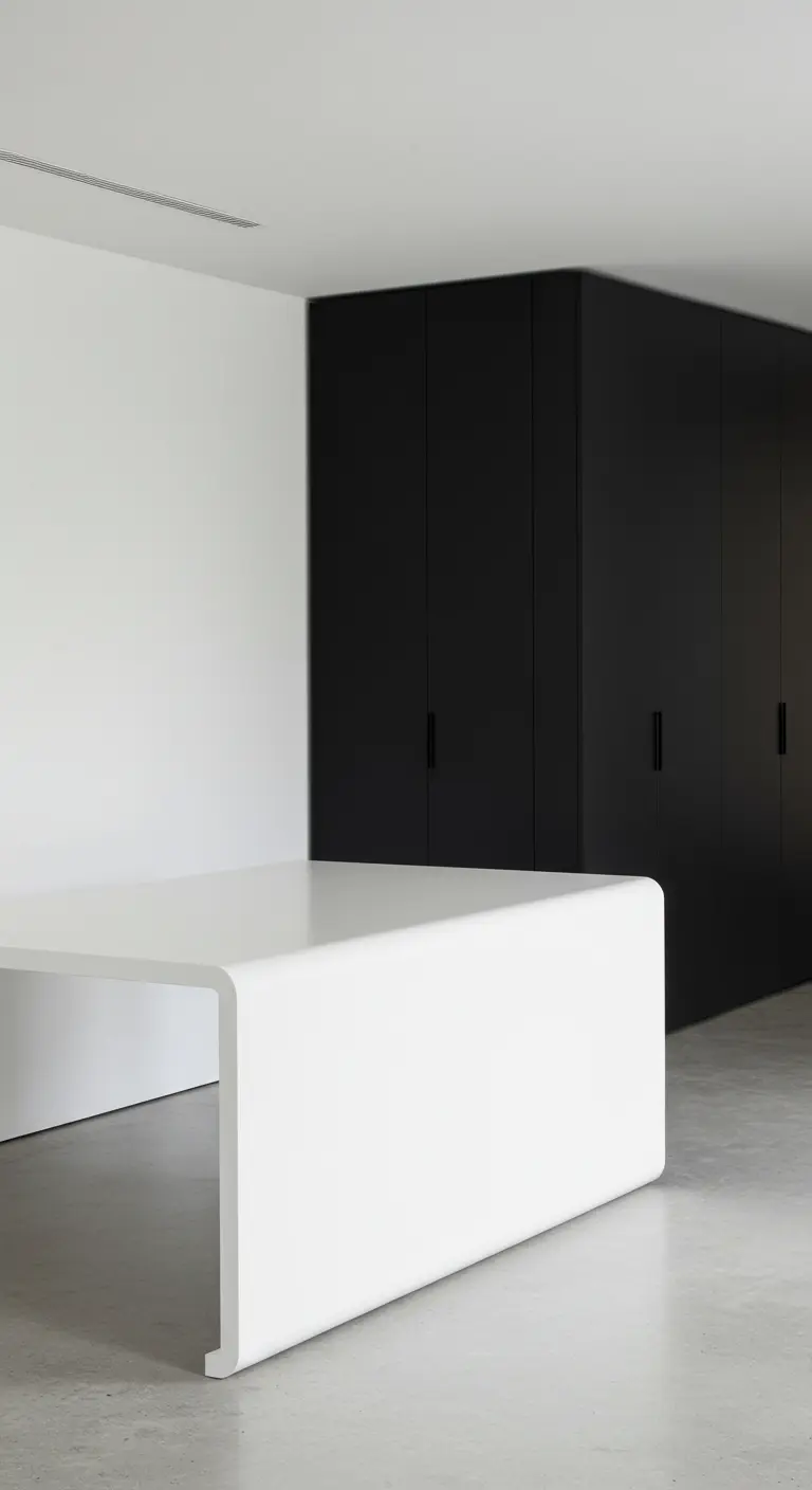 Bureau blanc design en forme de cascade devant des armoires noires.