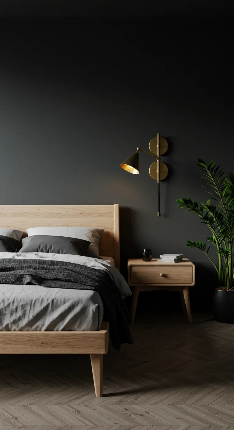Chambre avec mur anthracite, lit en bois clair et applique murale en laiton doré.
