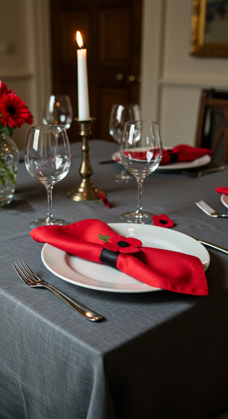 Serviette en satin rouge sur une nappe grise, avec un rond de serviette noir et un coquelicot.
