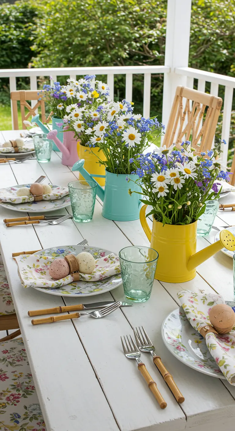 Mini-arrosoirs colorés servant de vases pour des fleurs des champs sur une table en bois blanc.