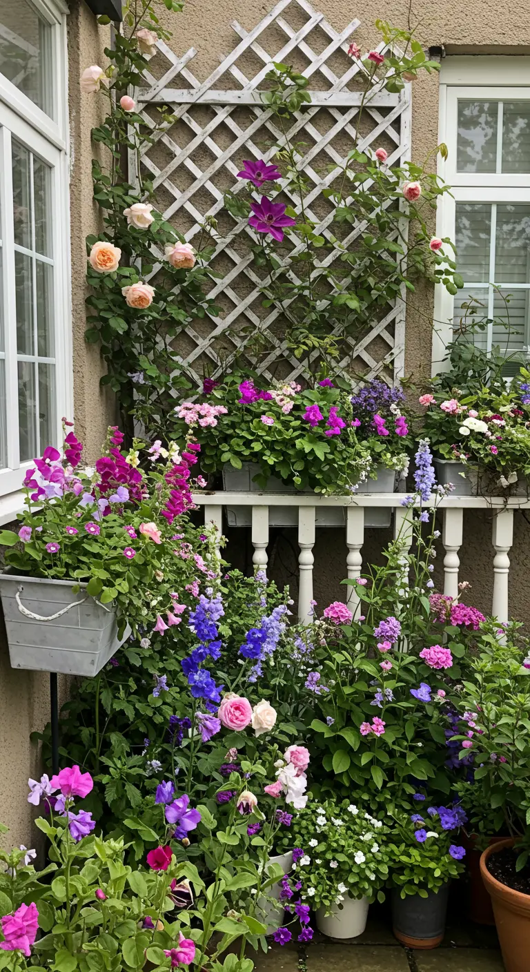 Balcon de style cottage débordant de fleurs, avec un rosier grimpant sur un treillis.