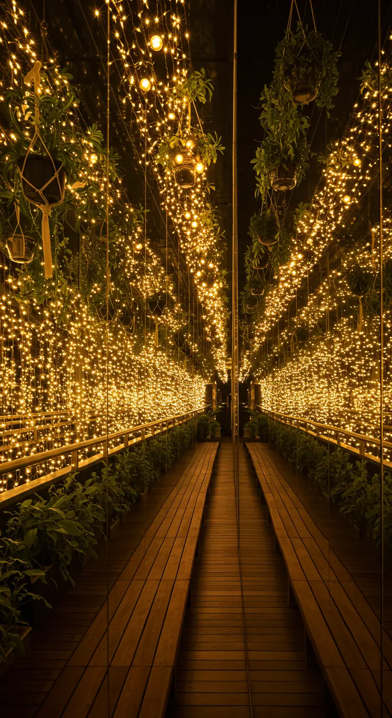 Long balcon étroit avec des miroirs et des milliers de lumières créant un effet tunnel.