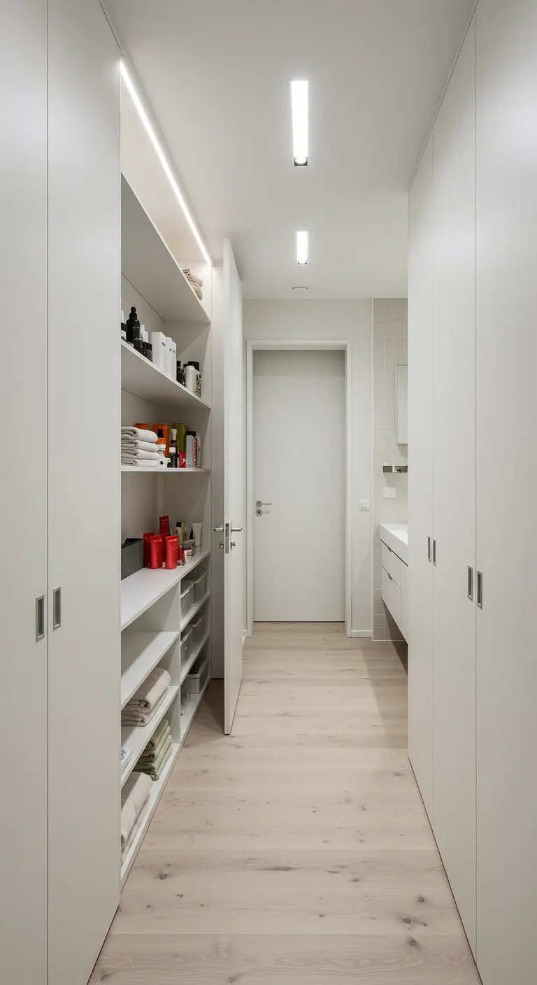 Dressing couloir blanc immaculé avec rangements intégrés, étagères ouvertes et éclairage doux.