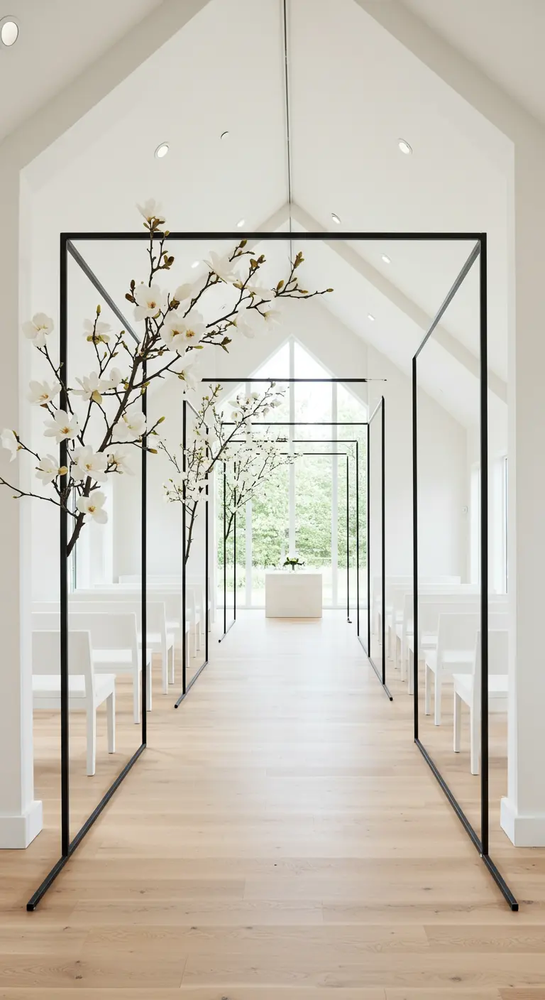 Allée de cérémonie formée par une succession d'arches rectangulaires noires et fines.