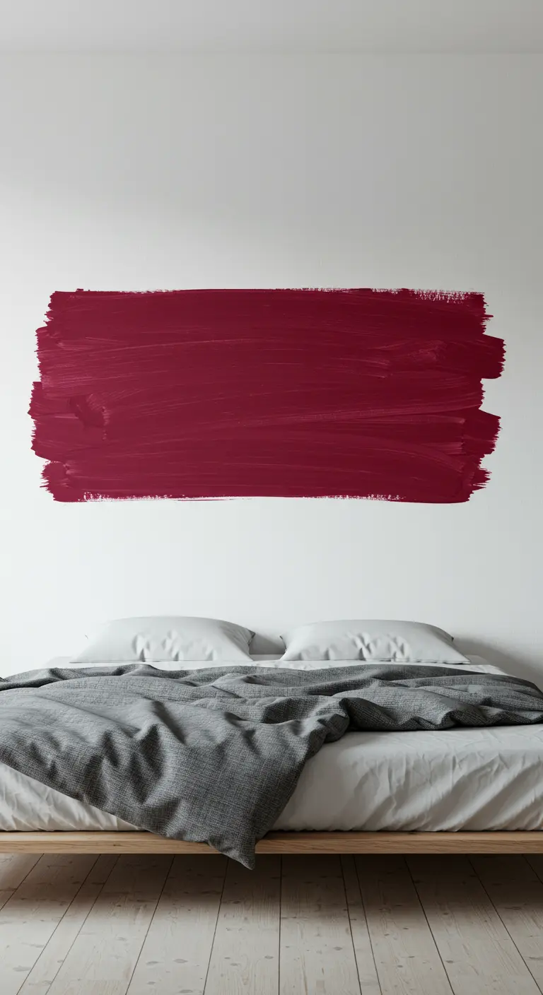 Un large coup de pinceau horizontal de couleur magenta appliqué sur un mur blanc au-dessus du lit.
