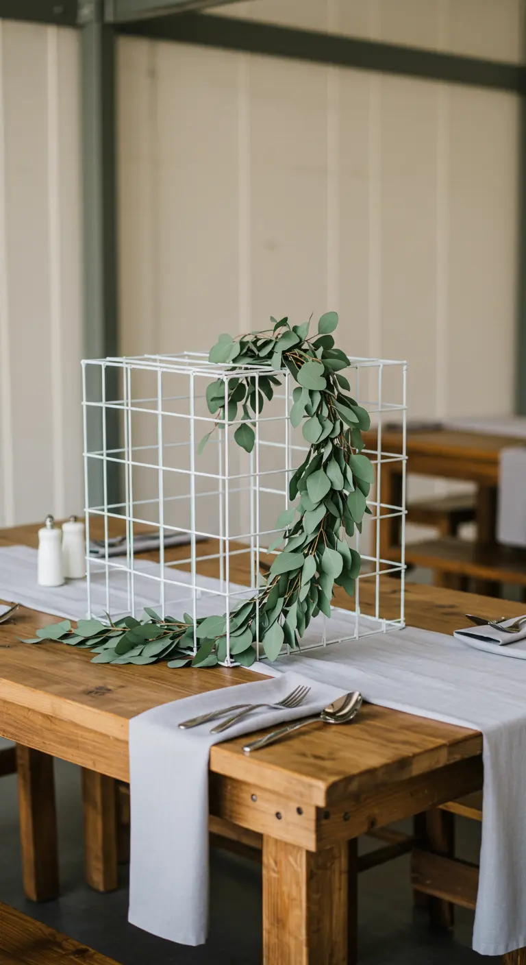 Cube en fil de fer blanc sur une table, avec une guirlande d'eucalyptus qui s'enroule autour.