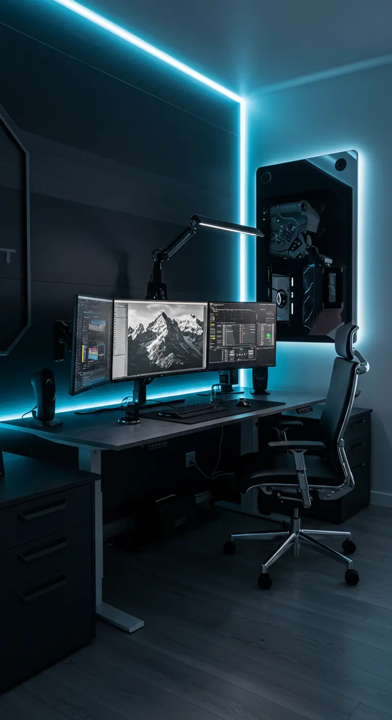 Bureau gaming ou technologique avec éclairage LED bleu, multiples moniteurs et chaise ergonomique.