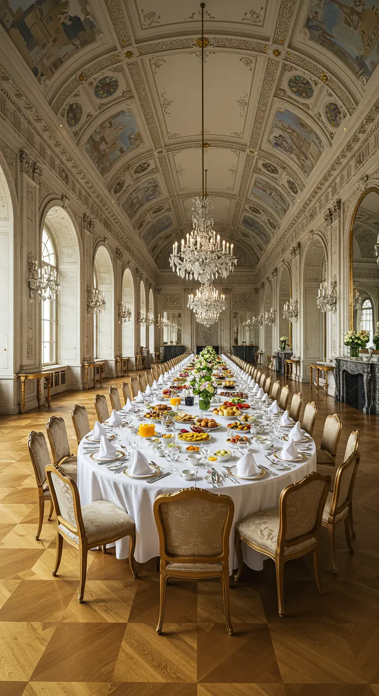 Serviette pliée en cygne majestueux sur une longue table de banquet élégante