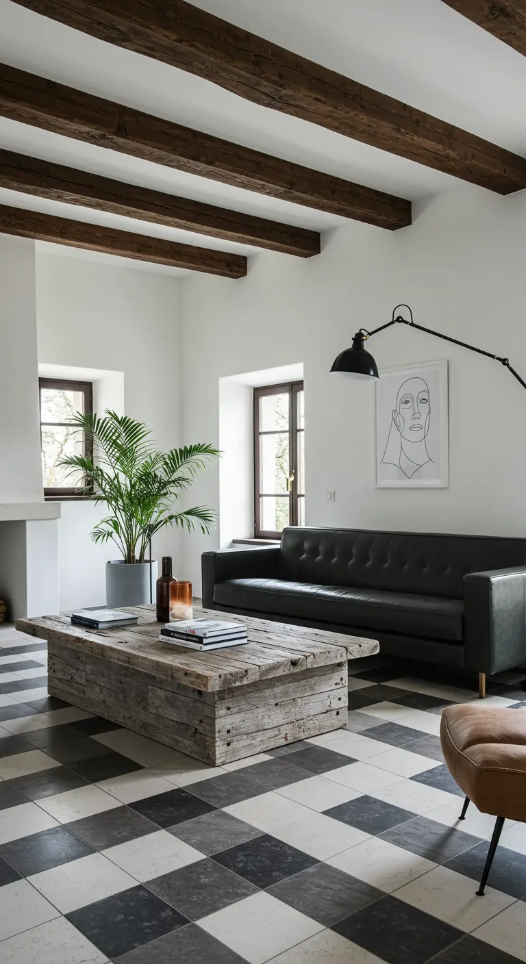 Salon moderne avec poutres en bois, sol en damier noir et blanc et canapé en cuir noir.