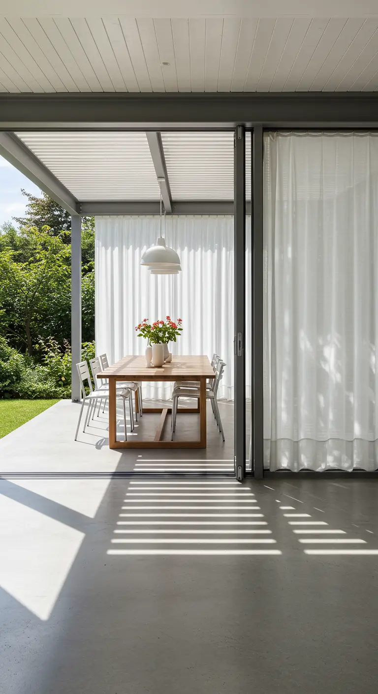 Transition fluide entre un intérieur et une terrasse couverte de rideaux
