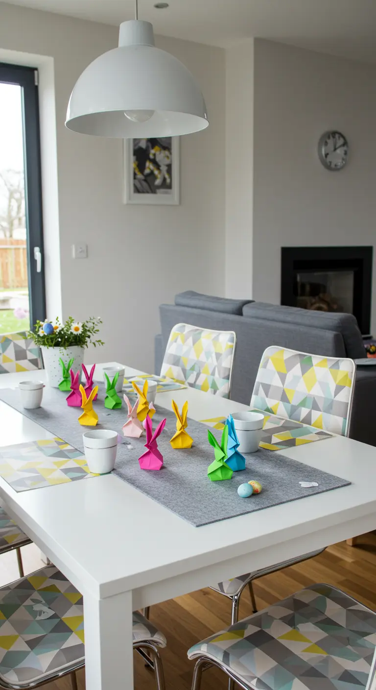 Lapins en origami de différentes couleurs alignés sur un chemin de table gris.