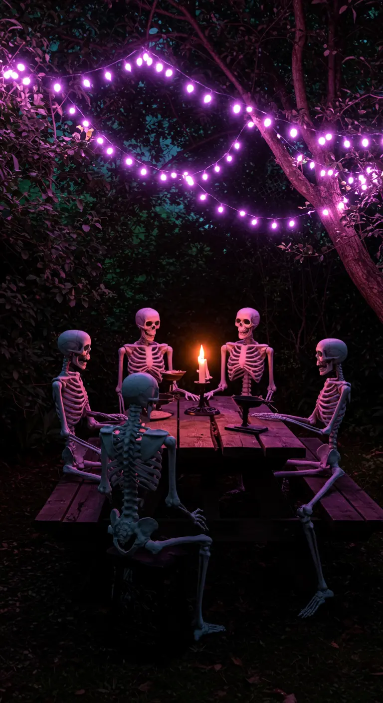 Squelettes assis à une table sous des guirlandes lumineuses violettes dans les bois.