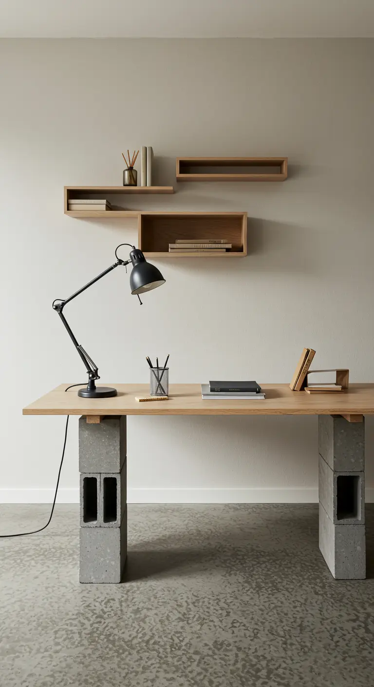 Bureau DIY réalisé avec des parpaings en béton et un plateau en bois.