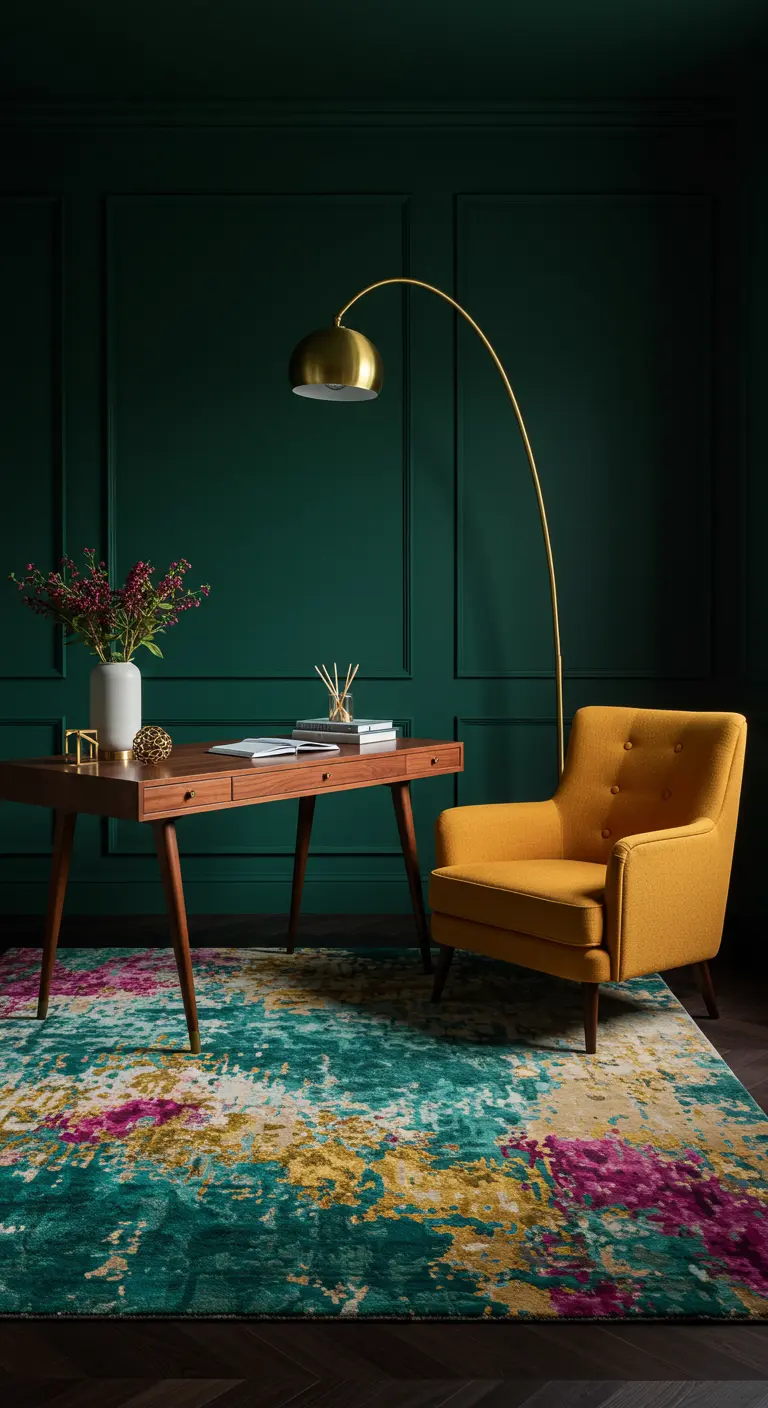 Bureau en bois dans une pièce vert foncé avec un fauteuil jaune vif et un tapis coloré.