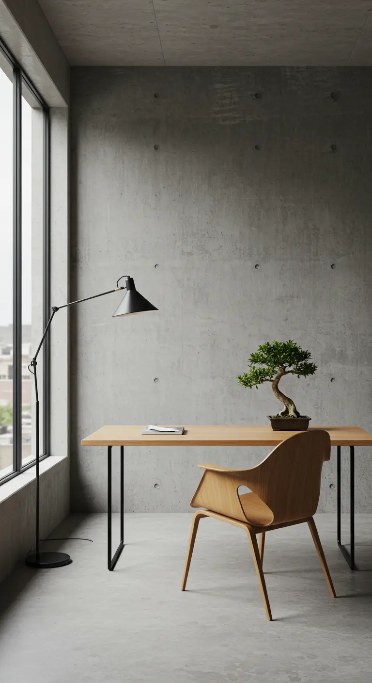 Bureau en bois aux pieds métalliques devant un mur en béton, avec un bonsaï et une lampe noire.